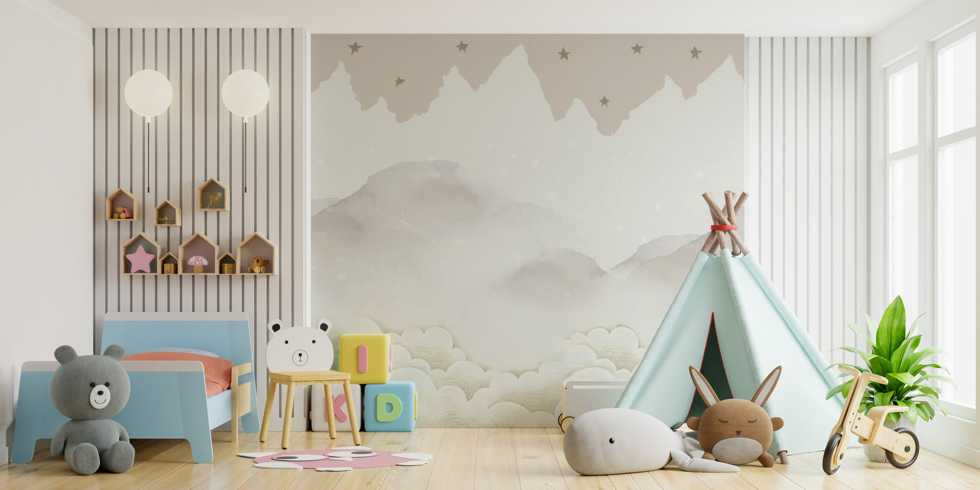 Serene Mountain Peaks wallpaper mural in muted beige in a kids room with blue toddler bed, teddy bear and mint teepee