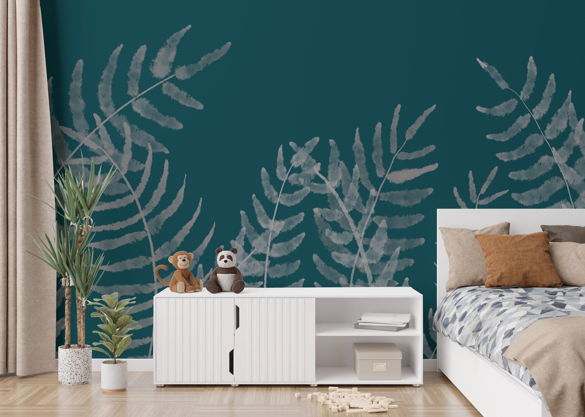 Tropical-inspired wall mural with detailed leaves design.
