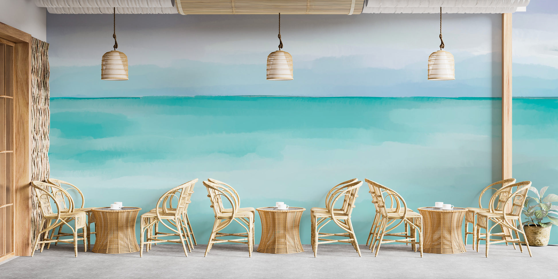 Tranquil sea wallpaper with soft flowing colors for cafe