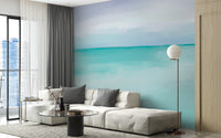 Soothing turquoise wallpaper with seascape design for living room