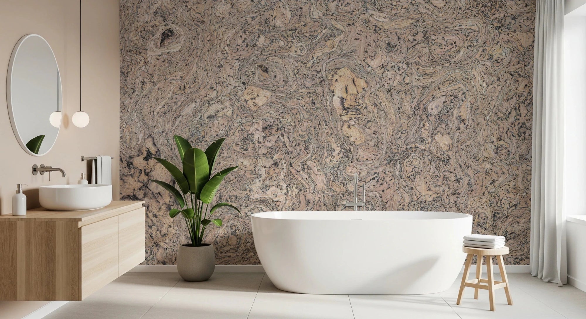 Organic Cork Grain Flow wallpaper mural in beige swirling texture behind a freestanding tub in a modern bathroom