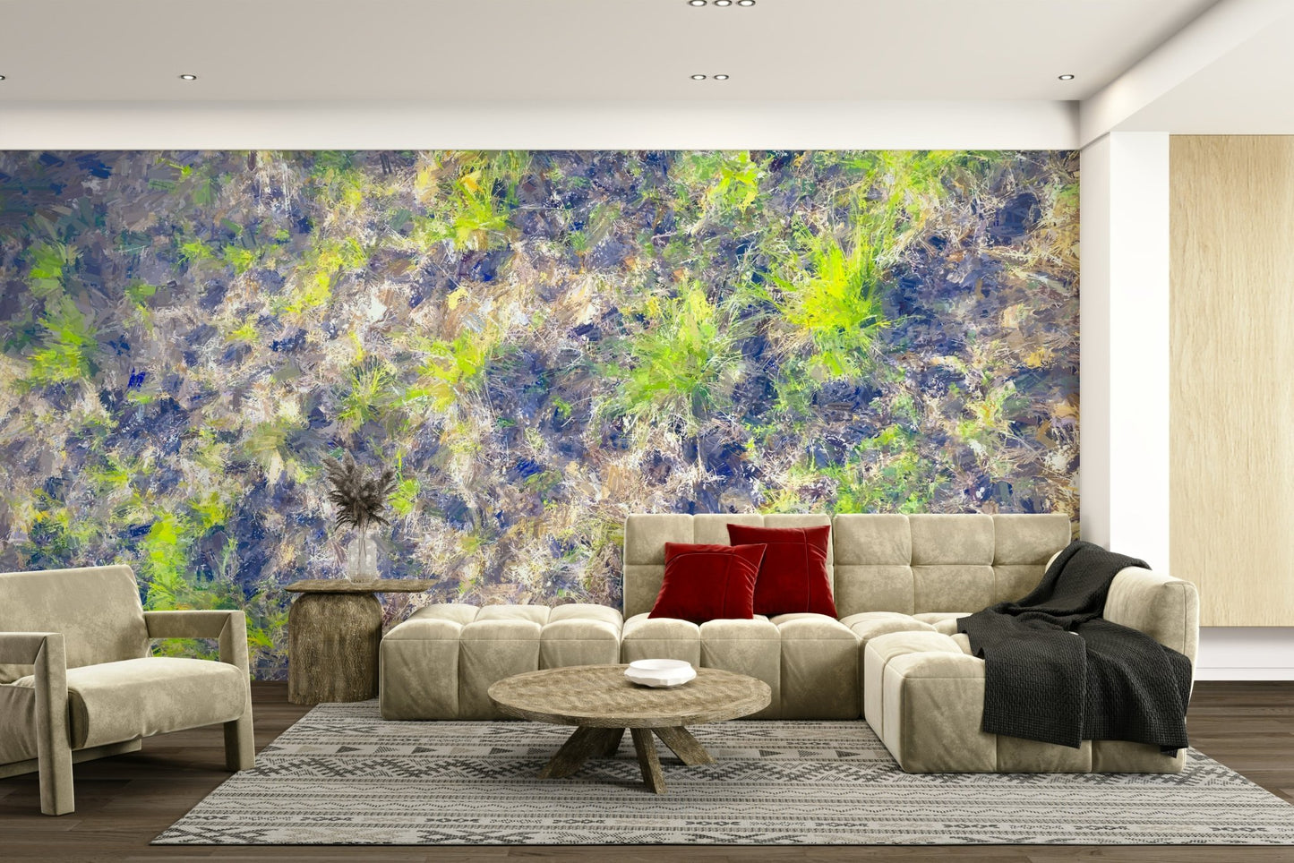 Lifestyle view with the mural behind a simple wooden desk and chair.

