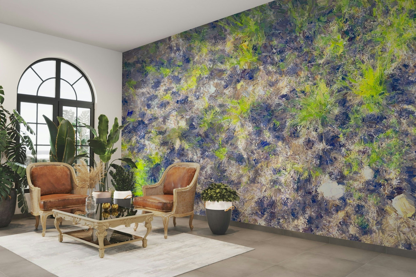 Wall mural showing a macro, top-down photograph of grass and soil.

