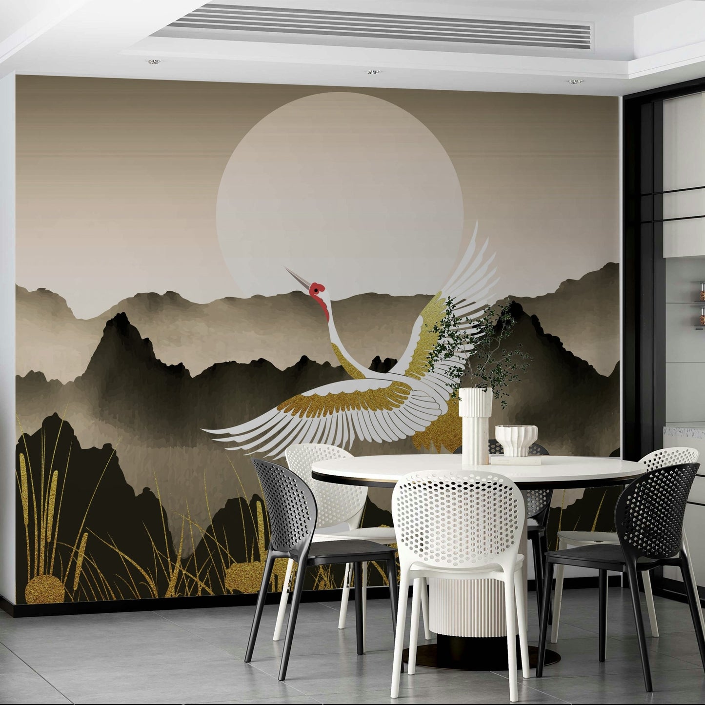 A wall mural of a peaceful oriental landscape at dawn.

