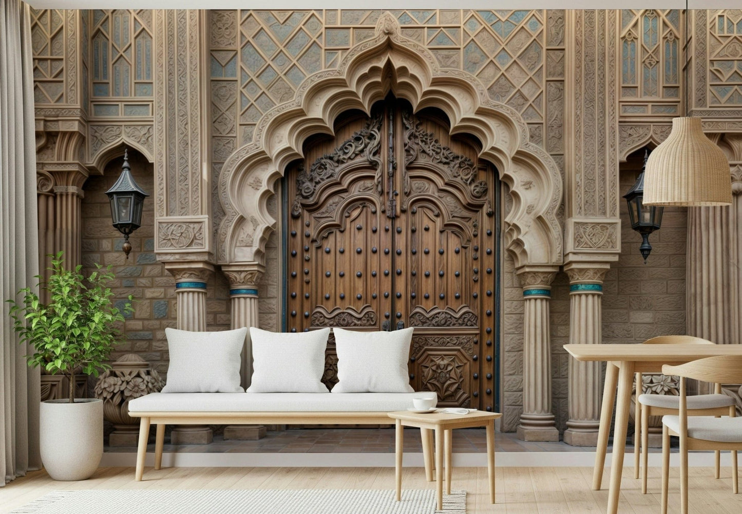 Ornate Entryway wallpaper mural of an arched wooden door behind a white cushioned bench and wood dining chairs