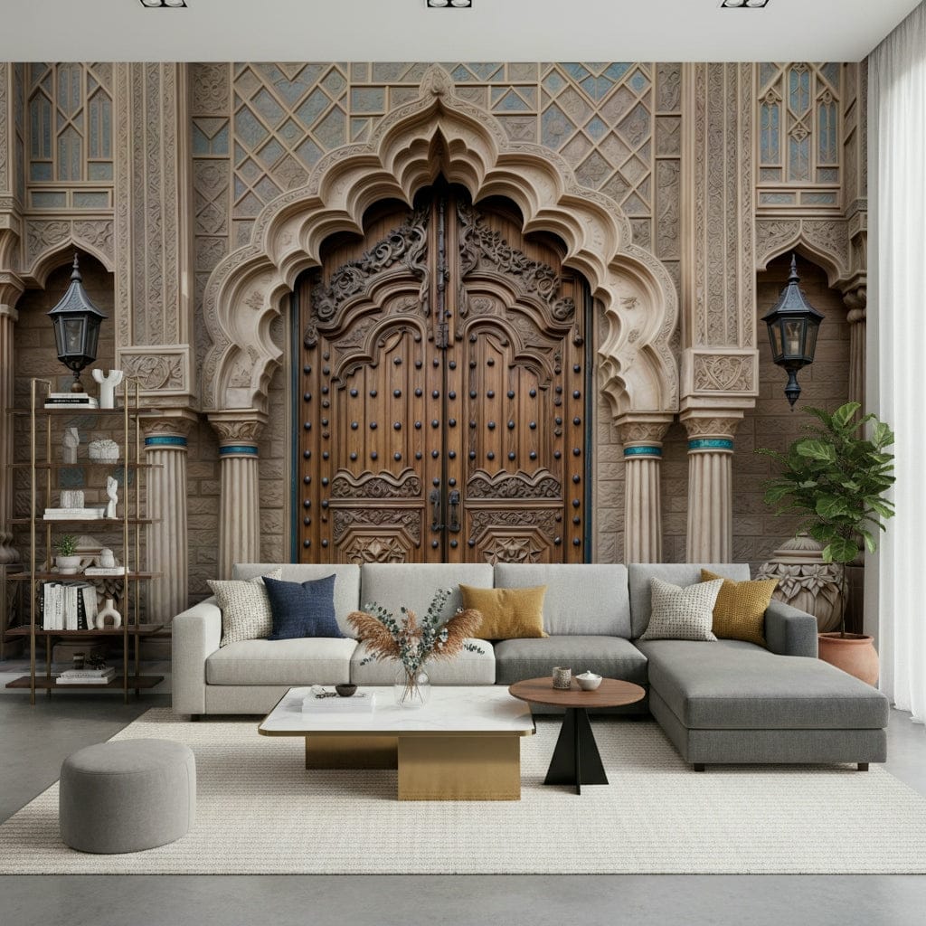 Ornate Entryway wallpaper mural with a carved doorway behind a grey sofa with mustard cushions and gold table