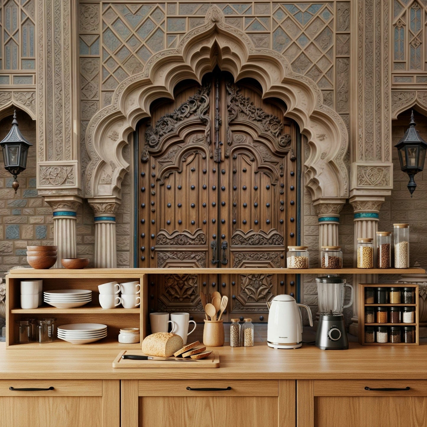 Ornate Entryway wallpaper mural of a stone-arched wooden door above a wood kitchen counter with dishes and kettle