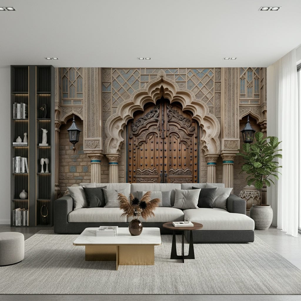 Ornate Entryway wallpaper mural with a grand carved doorway behind a large grey sectional sofa and bookshelf