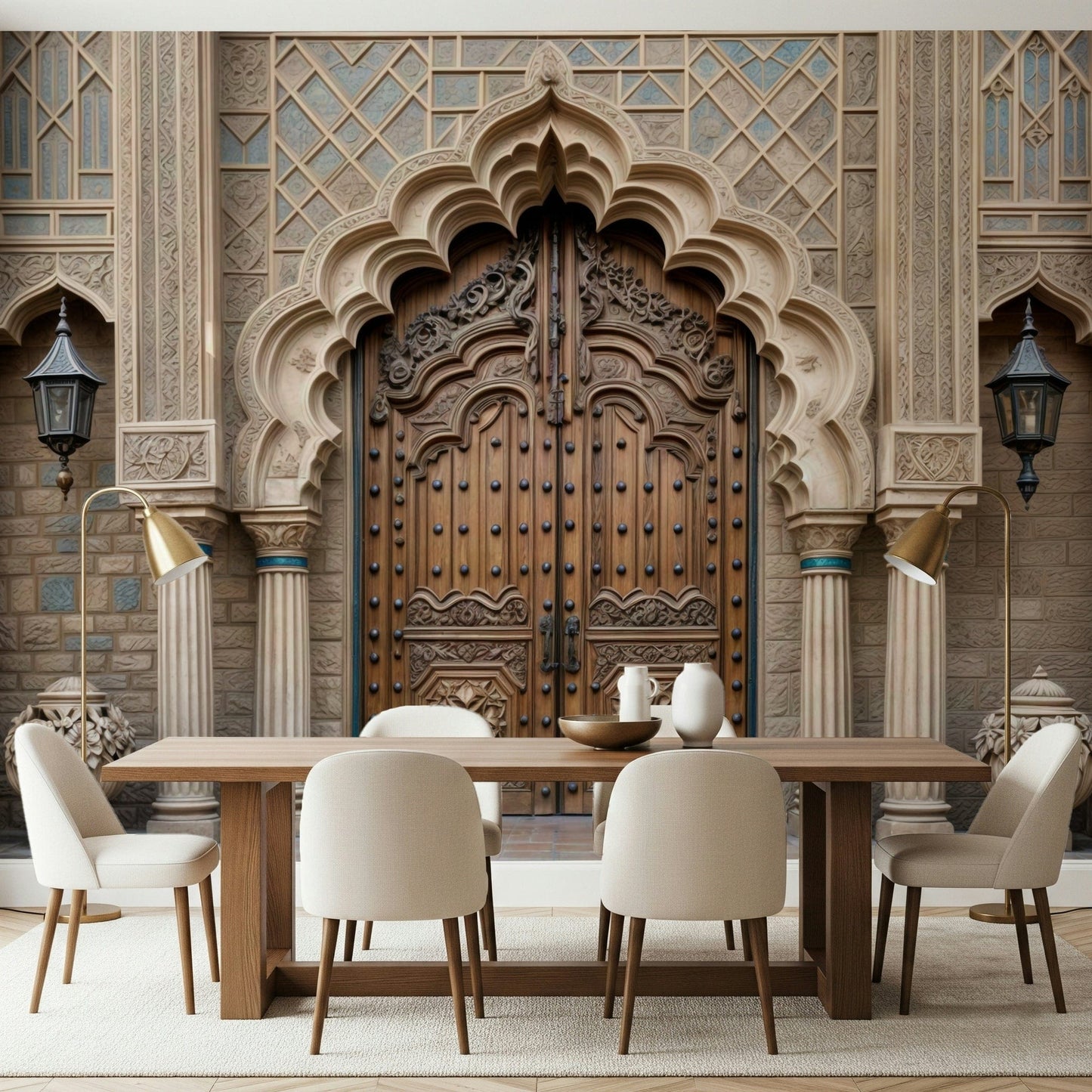 Ornate Entryway wallpaper mural with a carved doorway above a wood dining table, cream chairs and brass lamps