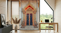 Temple gate wallpaper for bedroom feature wall, intricate patterns and lines