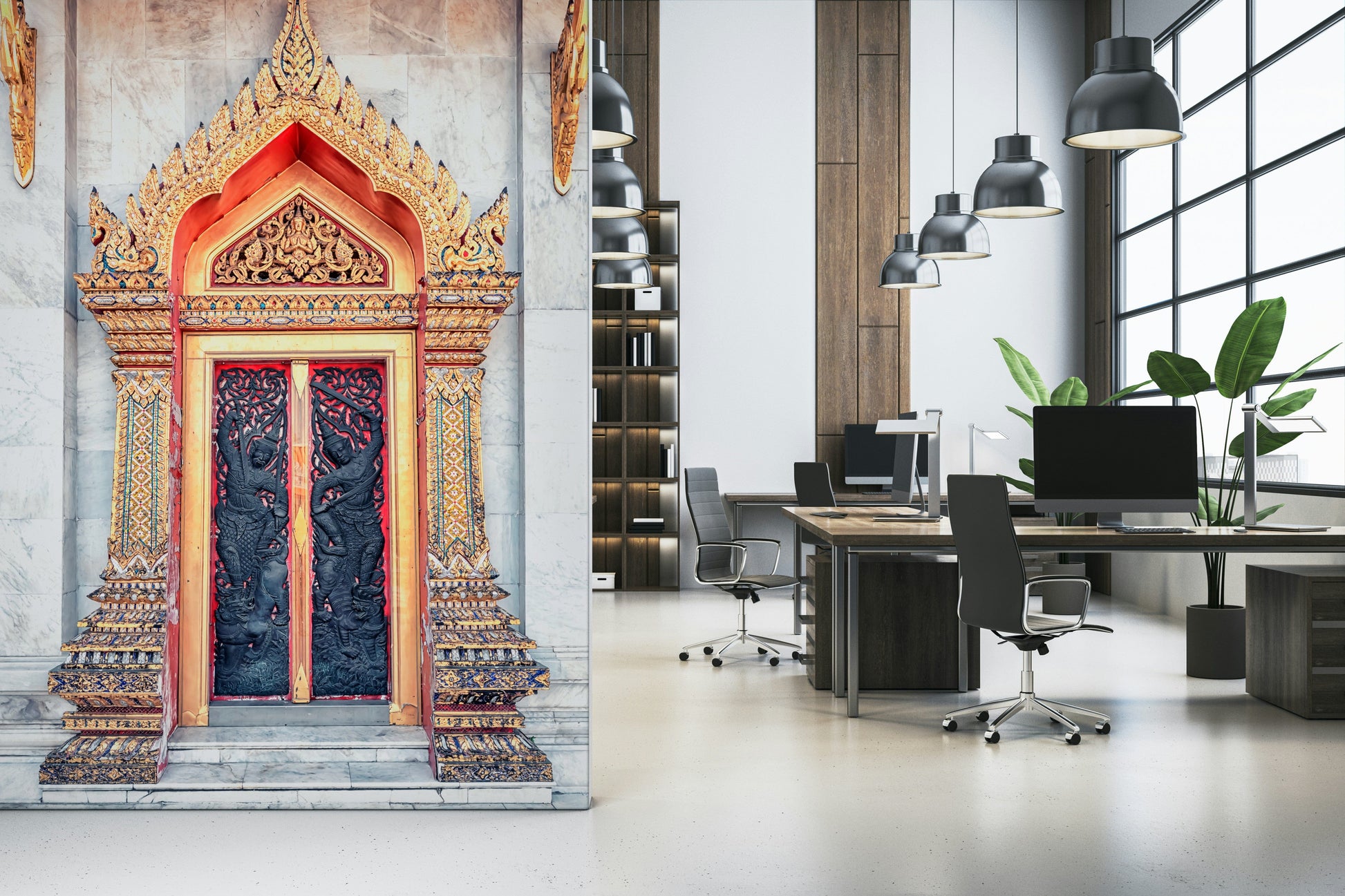 Temple Gate's Grandeur mural in home office, classic architecture backdrop