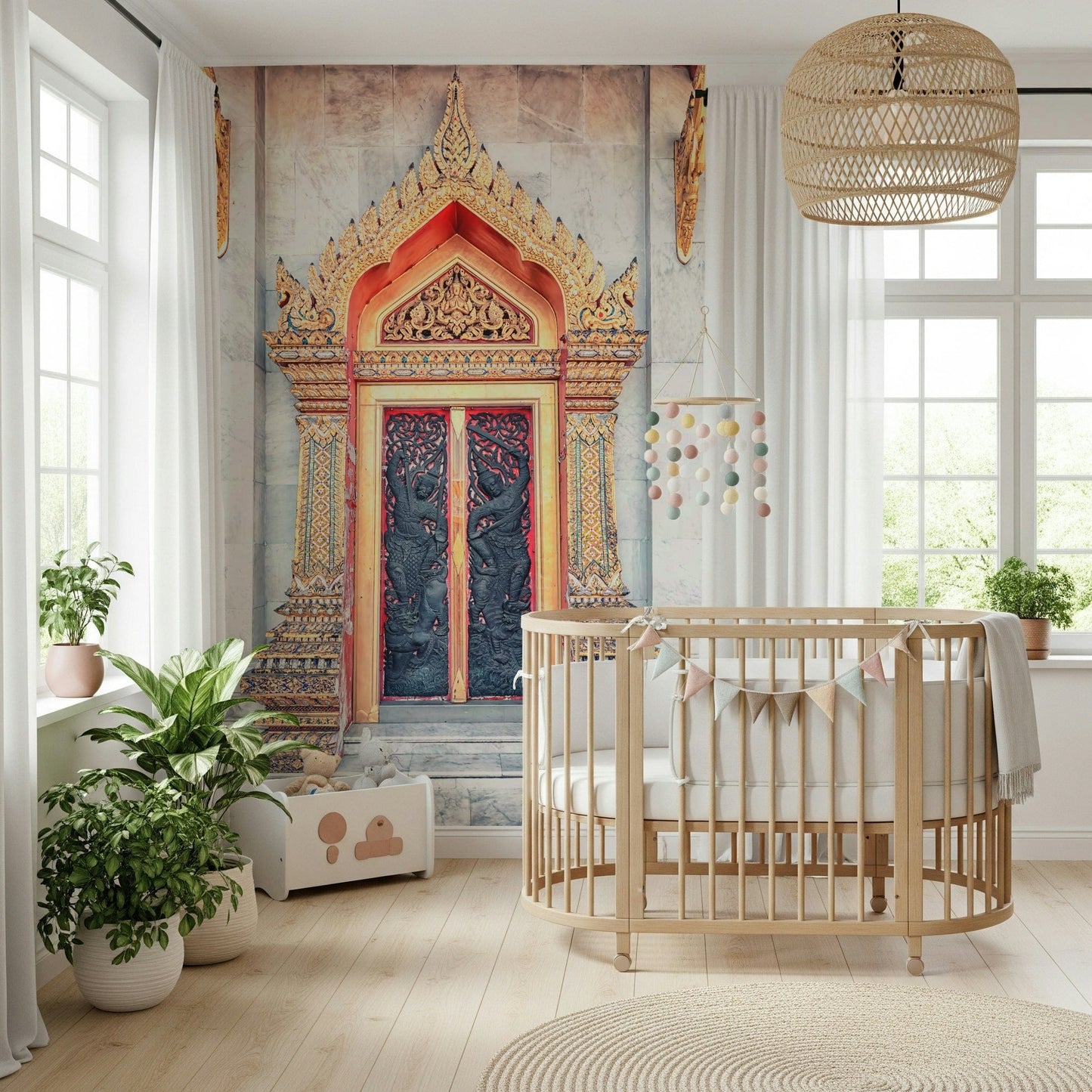Architectural temple gate mural behind beige sofa, modern apartment wall decor