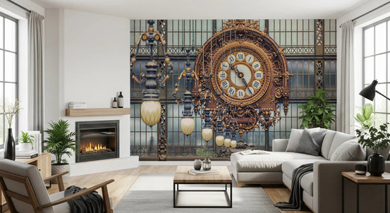 Orsay Clock wallpaper mural of the gilded Musee d'Orsay clock behind a white sofa and fireplace in a bright living room