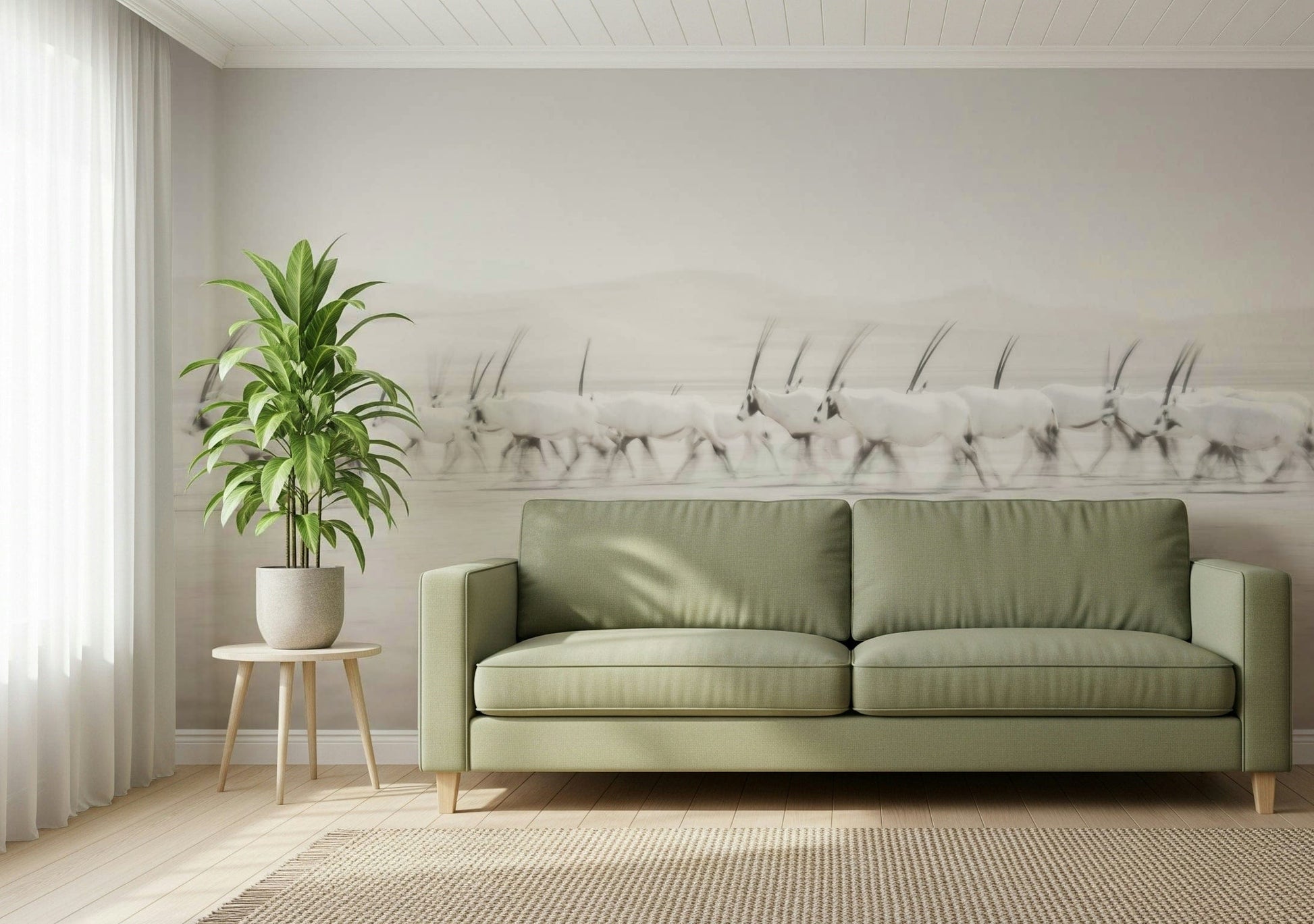Desert Mirage Wall Mural – Artistic depiction of oryx in a serene desert setting with pastel hues and soft textures.