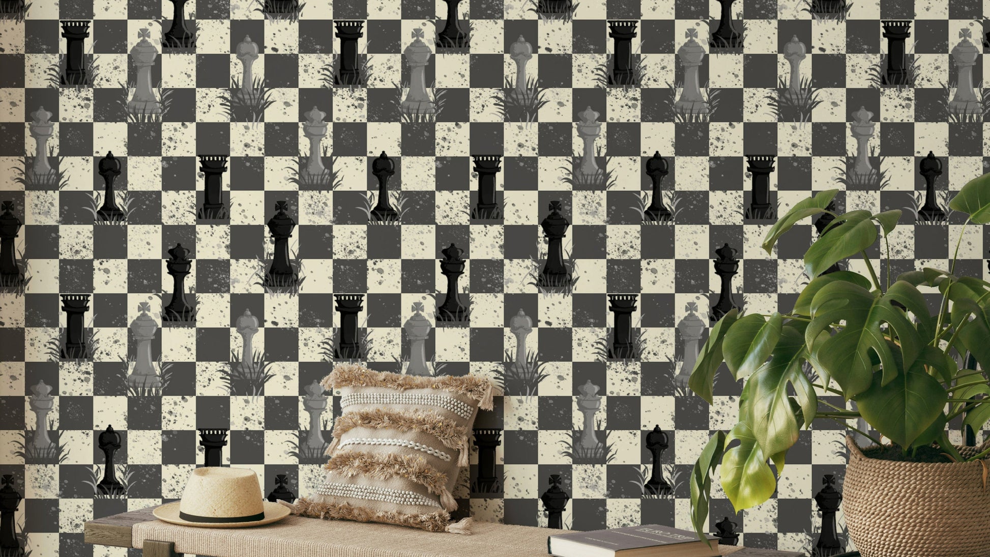 Outdoor chess wallpaper in grayscale tones

