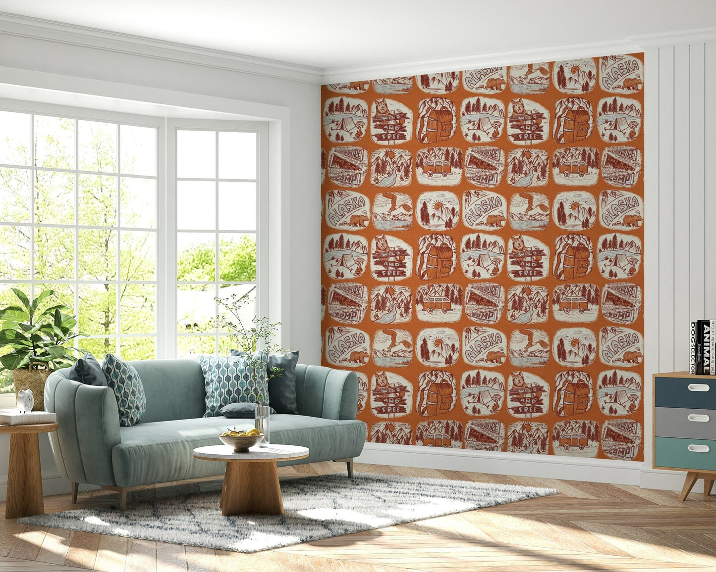 Explorer-themed wallpaper mural featuring line-drawn nature icons and adventure motifs.
