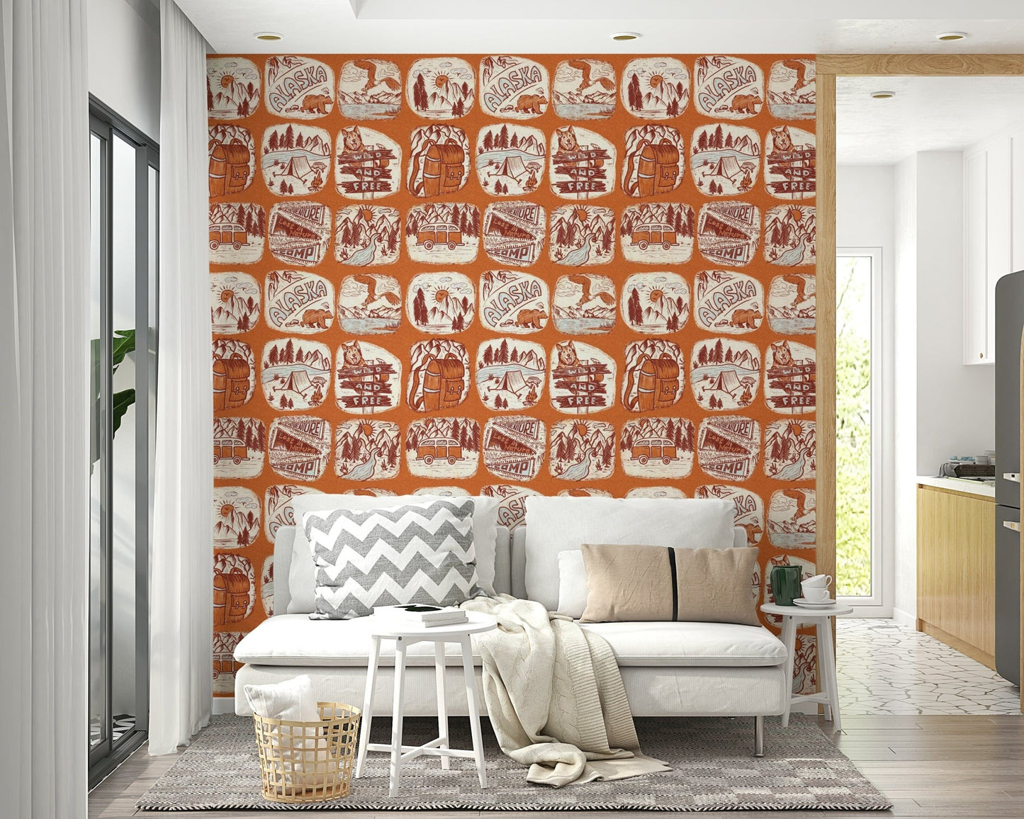 Outdoor-themed wallpaper mural with camping essentials and forest sketches.