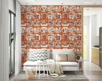 Outdoor-themed wallpaper mural with camping essentials and forest sketches.
