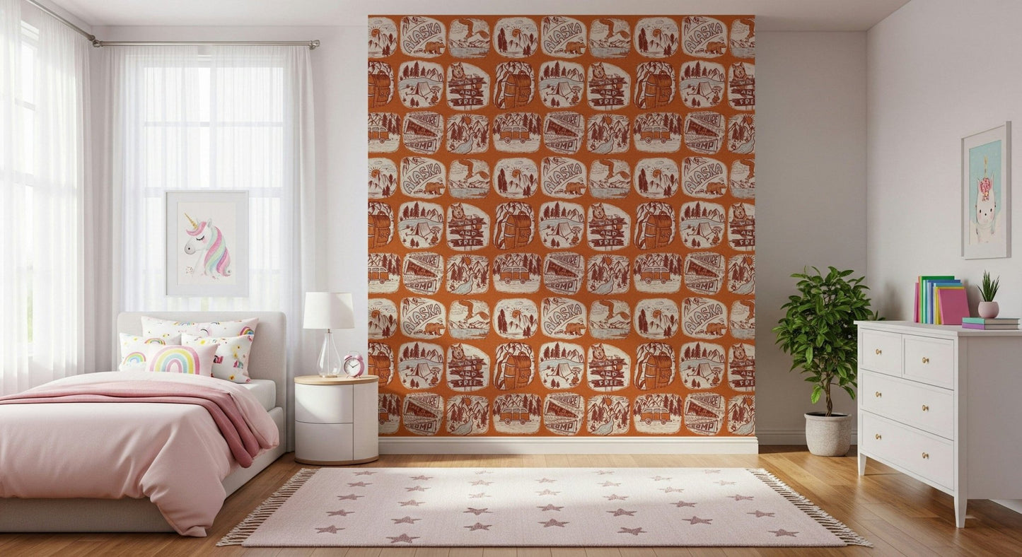 Camping-inspired wallpaper with illustrated outdoor tools and wilderness elements.