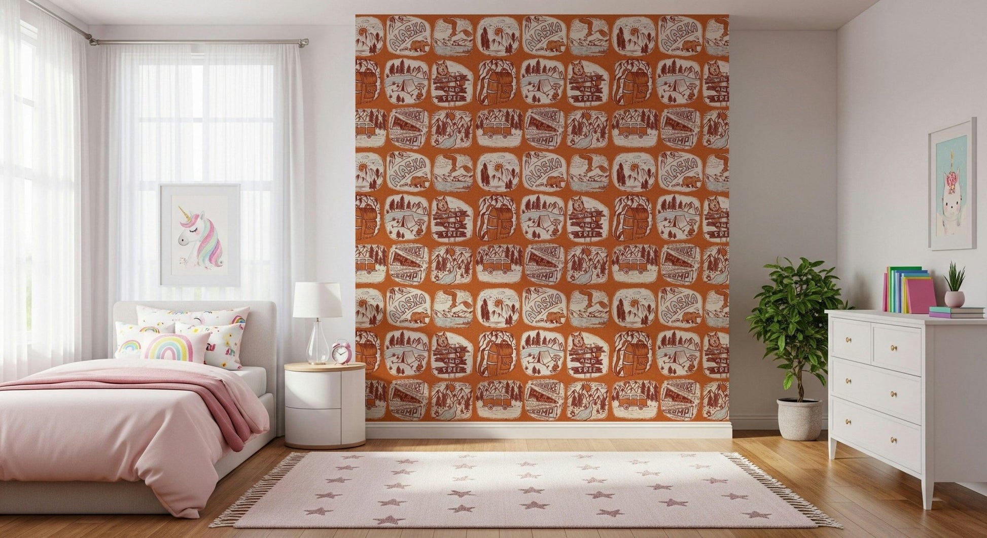 Camping-inspired wallpaper with illustrated outdoor tools and wilderness elements.