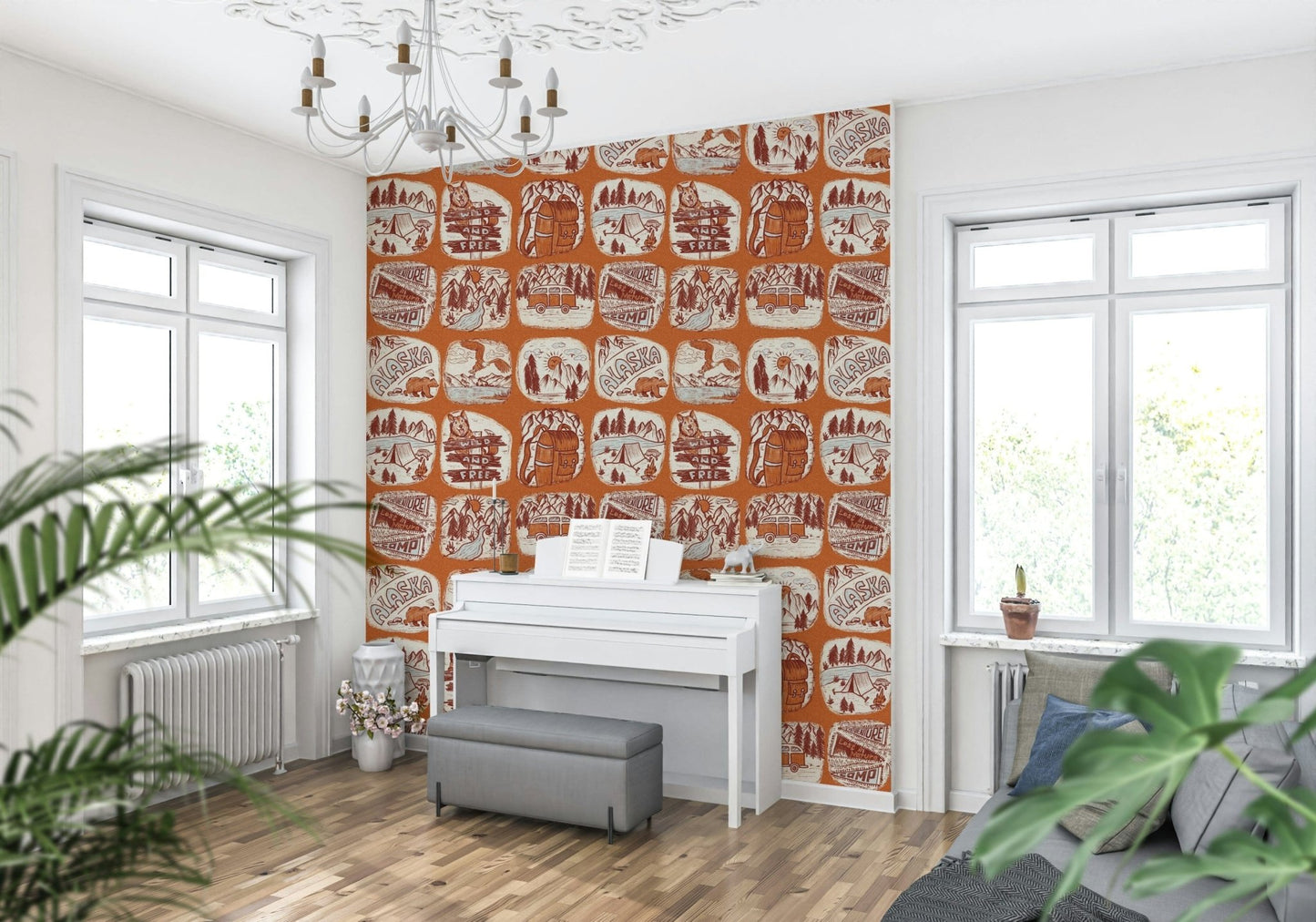 Outdoor Explorer wallpaper with sketched camping symbols like tents, boots, and compasses.