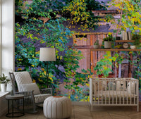 Overgrown Doorway mural in reading nook, neutral furniture, green ivy detail