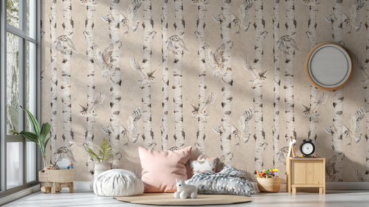 Owl Birch Forest Wallpaper - Beige