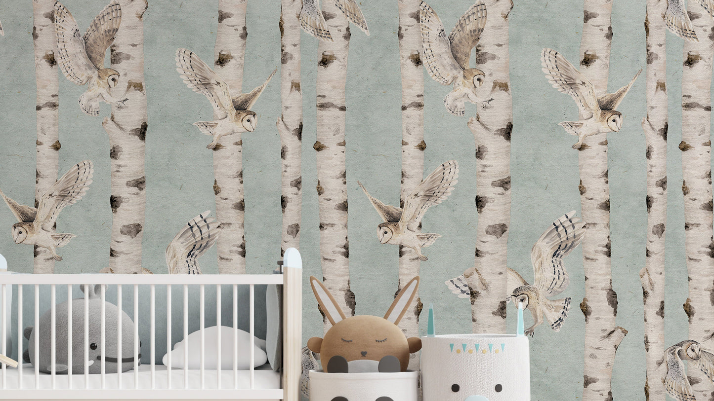 Owl Birch Forest Wallpaper - Blue