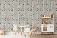 Owl Birch Forest Wallpaper - Blue