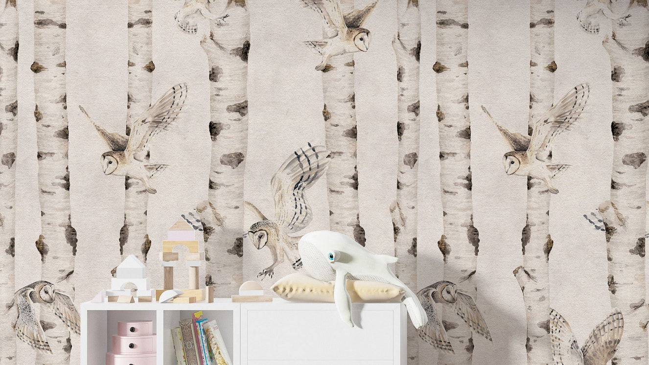 Owl Birch Forest Wallpaper - White