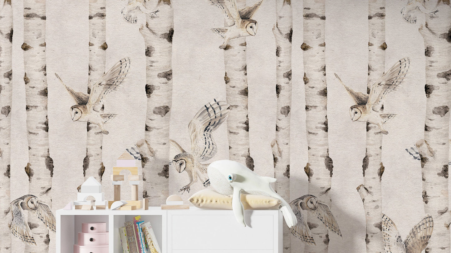 Owl Birch Forest Wallpaper - White