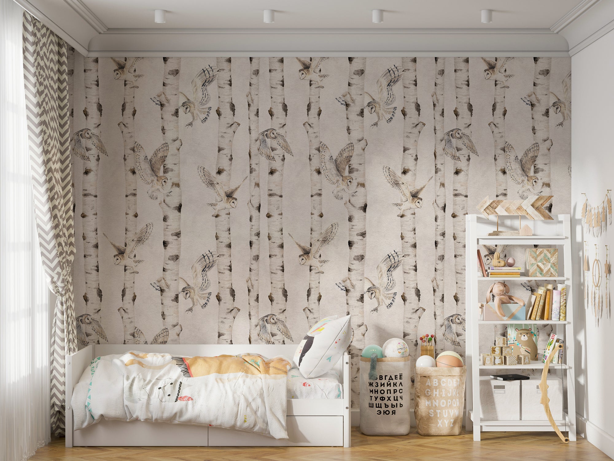 Owl Birch Forest - White wallpaper mural in a kids bedroom with a white daybed and alphabet baskets