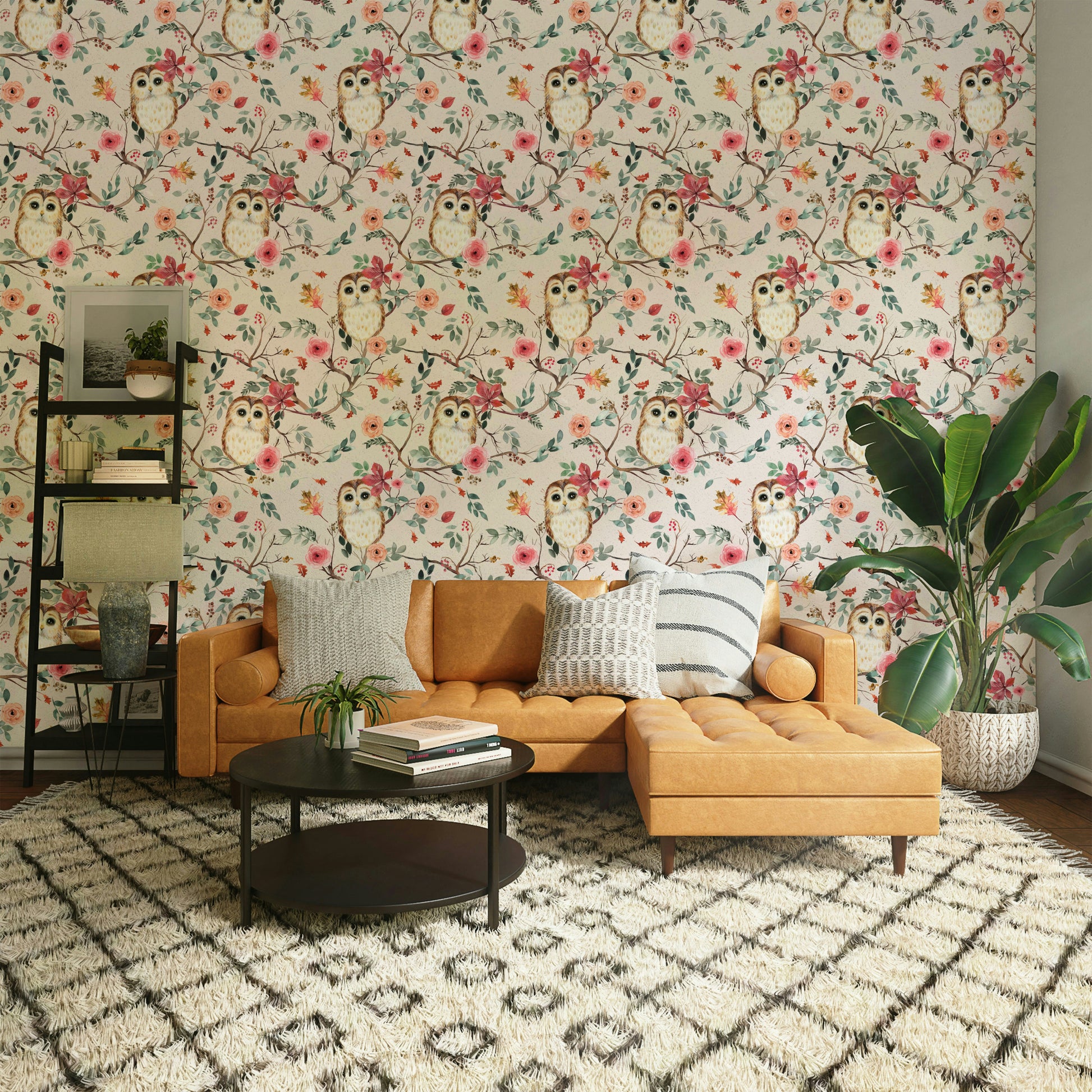 Green leafy tree with red accents and resting owl wallpaper

