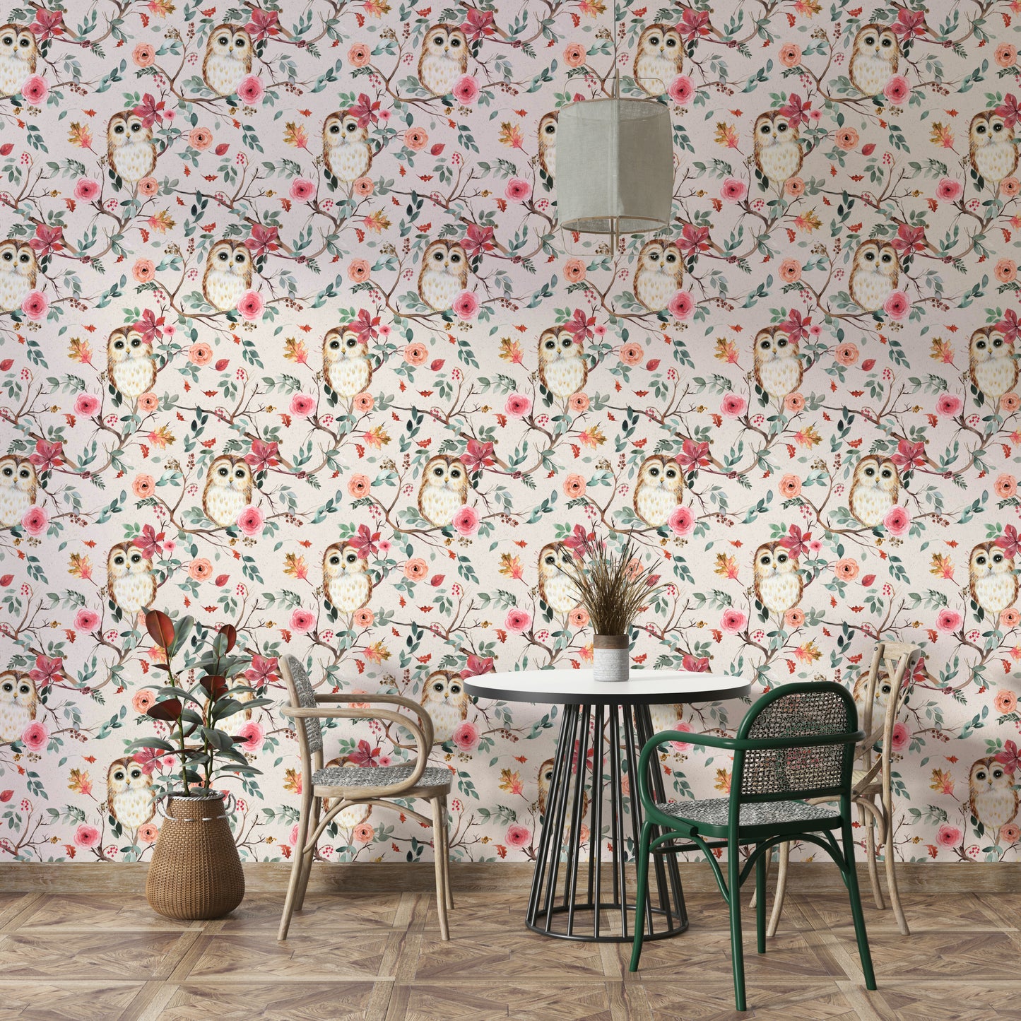 Tranquil owl on tree wallpaper with red and green hues

