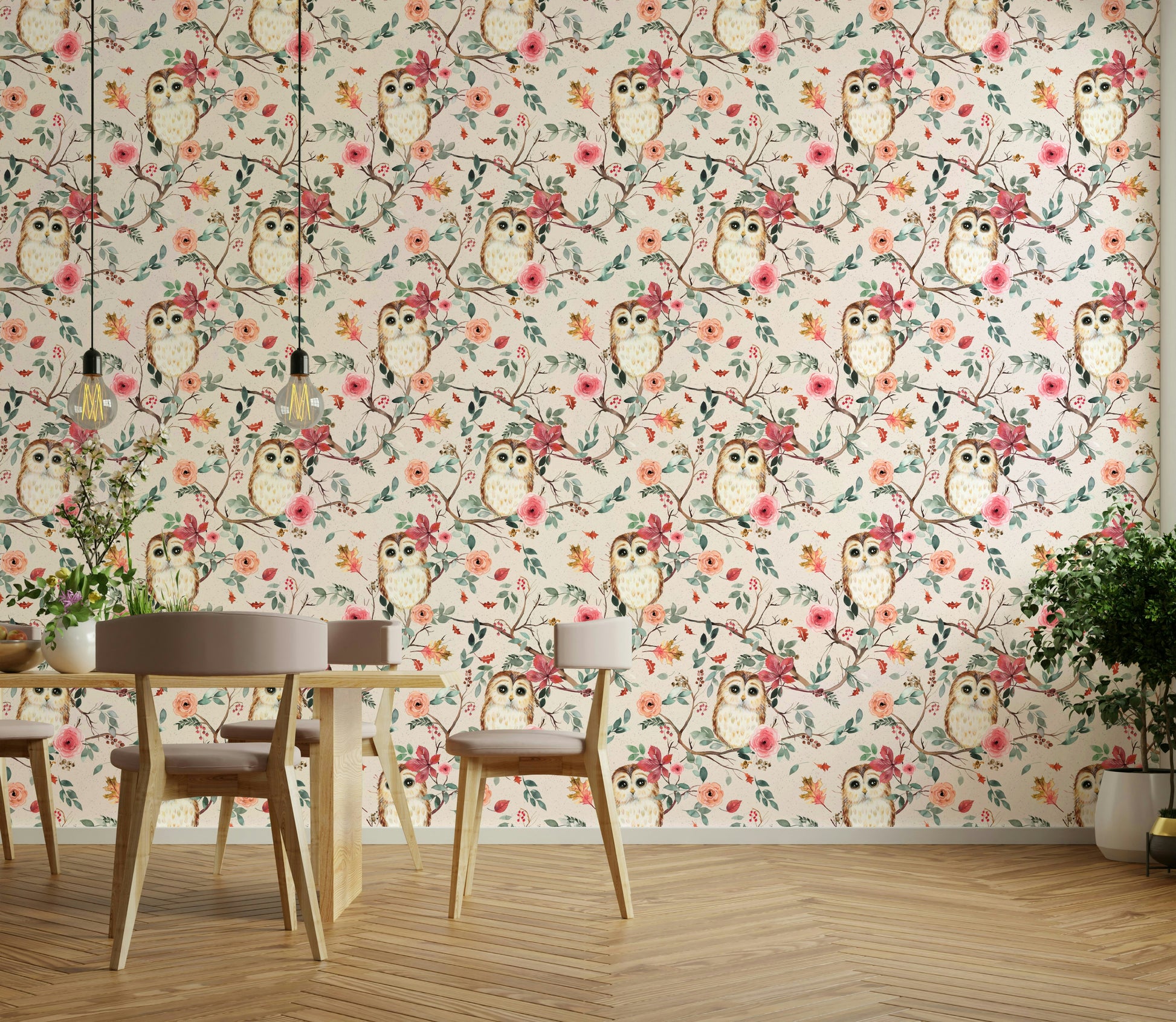 Relaxing owl design on green and red tree wallpaper

