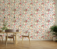 Relaxing owl design on green and red tree wallpaper

