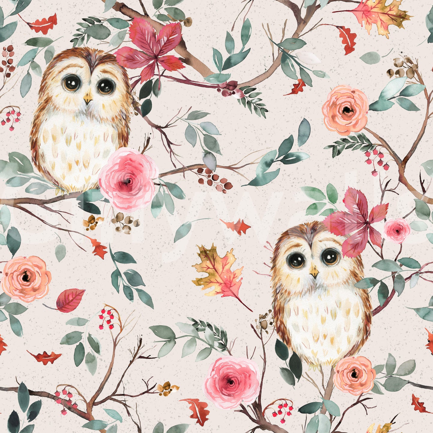 Owls Tree Relaxing Green Red Wallpaper⁠