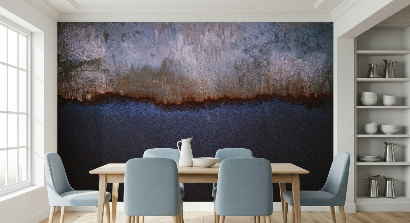 Textured wall mural blending metallic oxidation with soft horizon-inspired colors