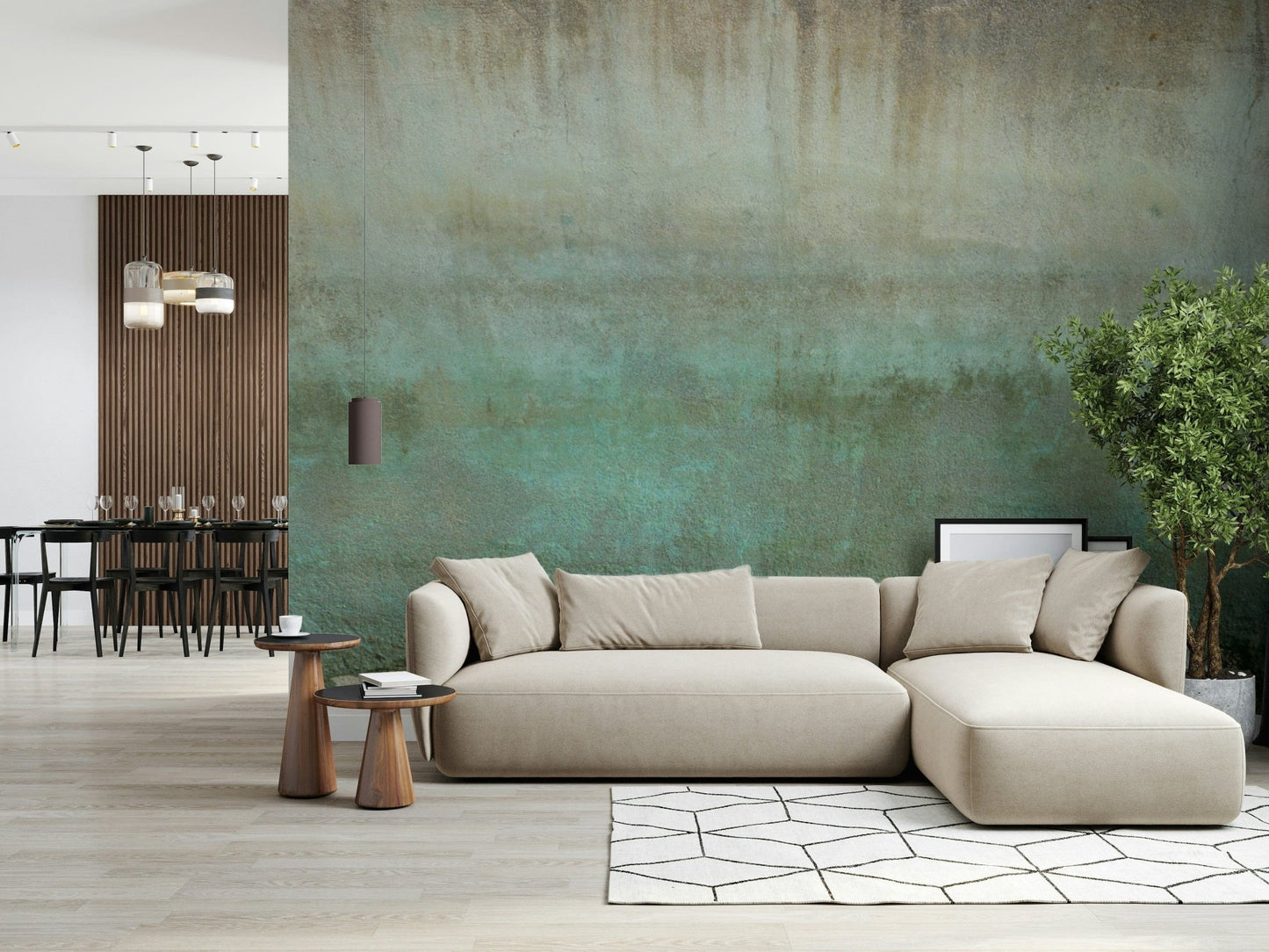 Rustic oxidized wall mural with layered mineral stains