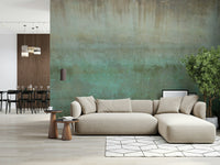 Rustic oxidized wall mural with layered mineral stains