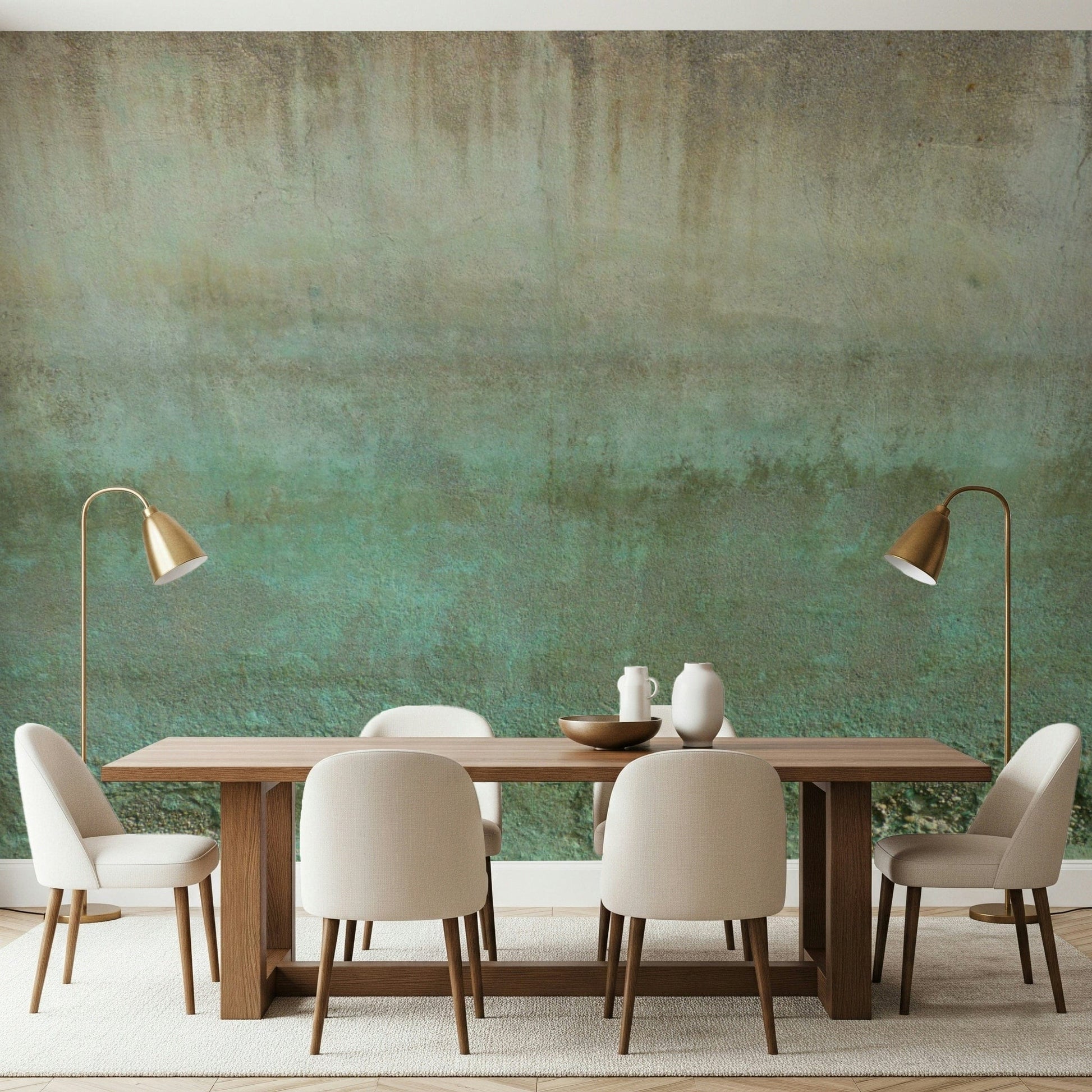 Distressed oxidized wall mural with soft green wash