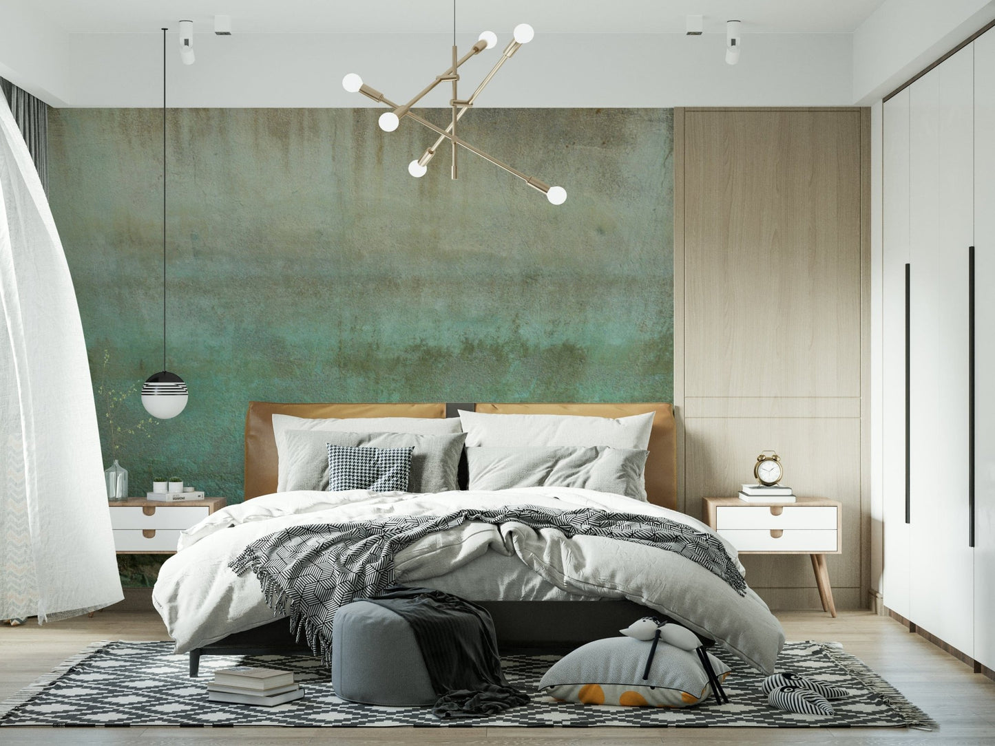 Aged concrete look wall mural in muted aqua shades