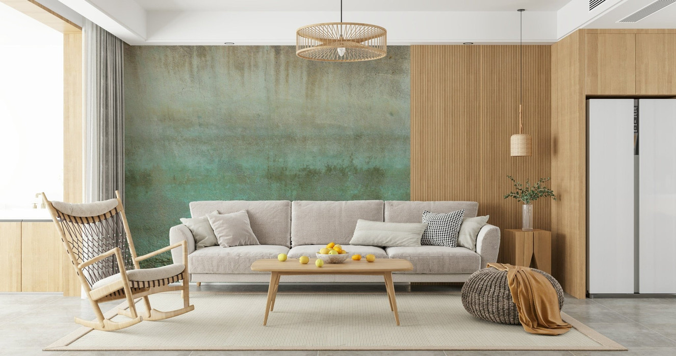 Oxidized wall mural with aged green patina texture