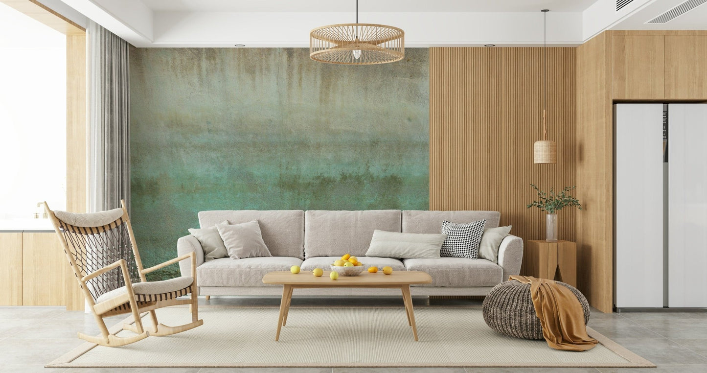 Oxidized wall mural with aged green patina texture
