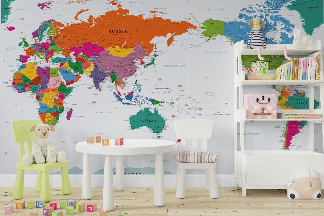 Pacific Centered World Map Fun Colors Wall Mural