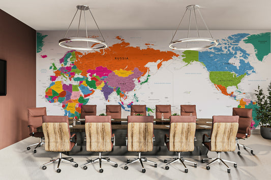 Pacific Centered World Map Fun Colors Wall Mural