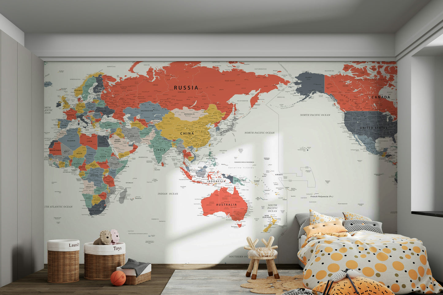 Pacific Centered World Map in Happy Colors Wall Mural