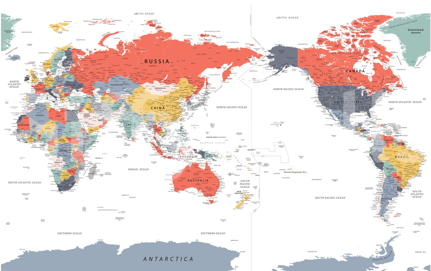 Pacific Centered World Map in Happy Colors Wall Mural