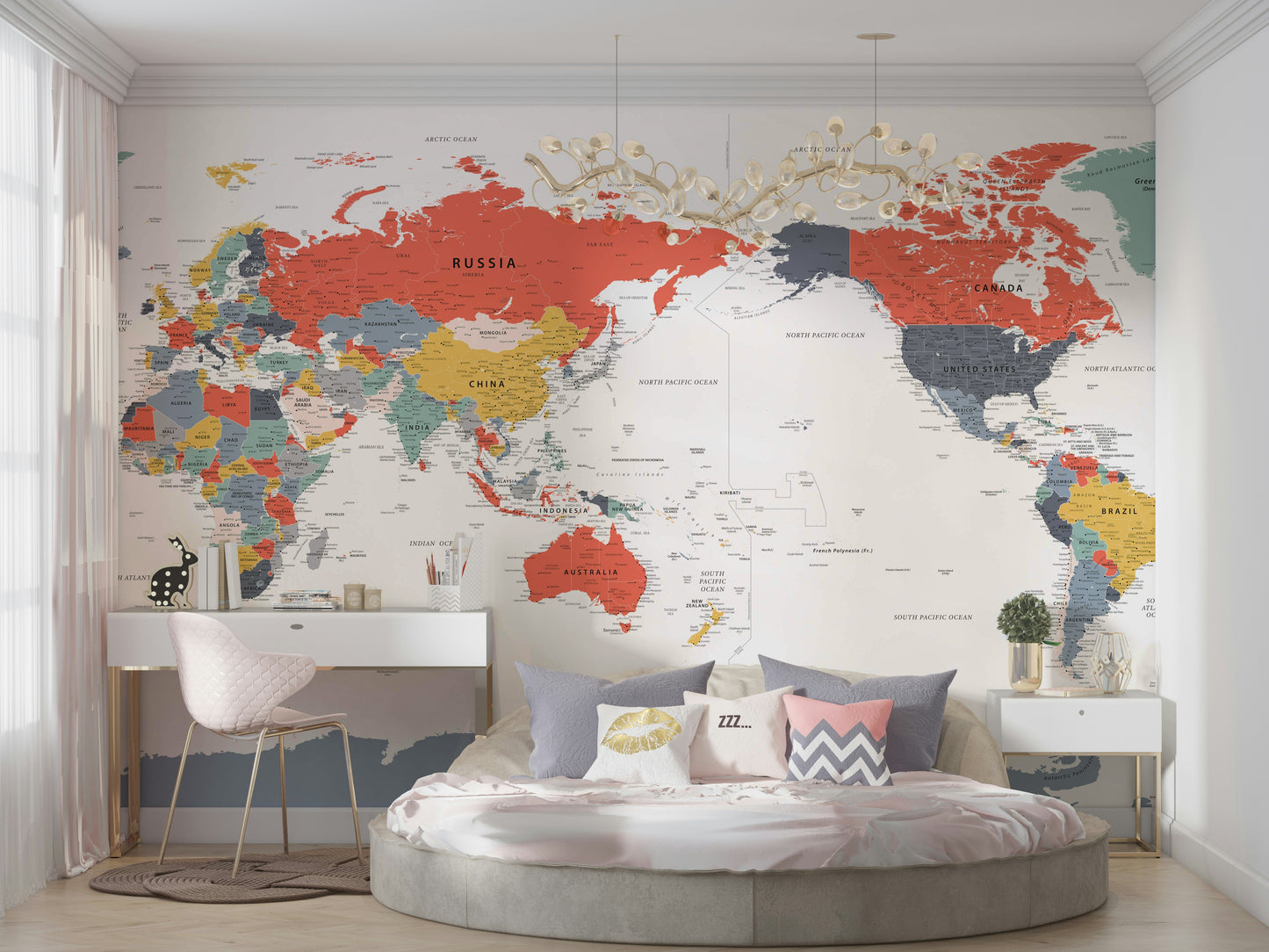 Pacific Centered World Map in Happy Colors Wall Mural