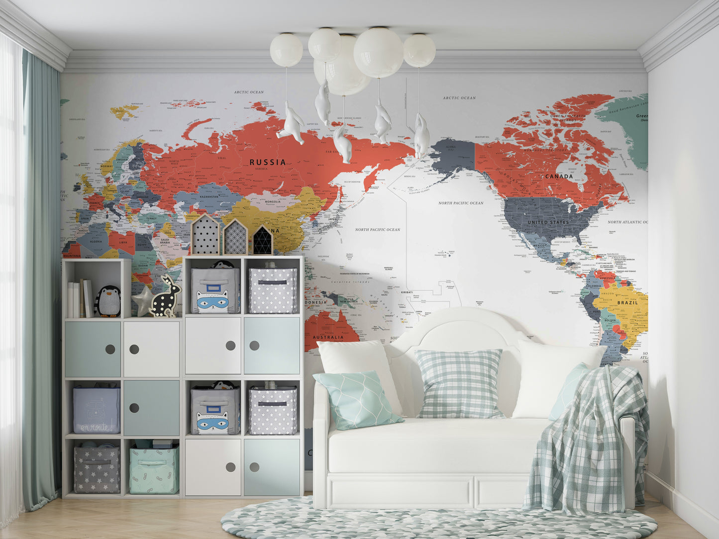 Pacific Centered World Map in Happy Colors Wall Mural